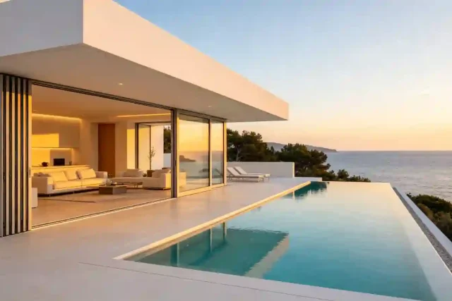 Modern coastal villa with floor-to-ceiling aluminum windows overlooking the sea