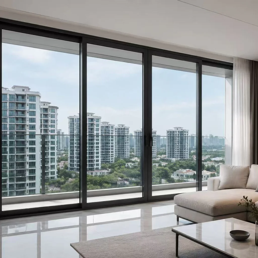 Acoustic aluminum windows in luxury apartment living room overlooking city skyline, soundproof glazing