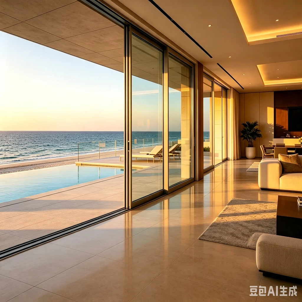 Acoustic aluminum sliding doors in luxury hotel resort interior overlooking ocean view — StarveilBuild