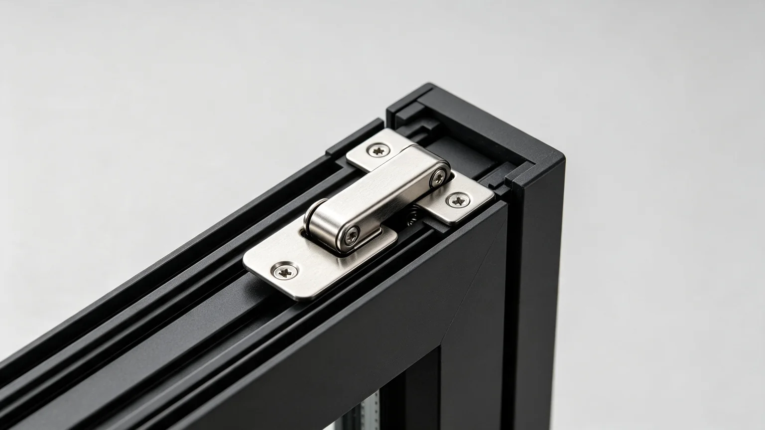 Aluminum awning window heavy-duty top-hung hinge hardware detail, corrosion-resistant stainless steel — Starveil Build