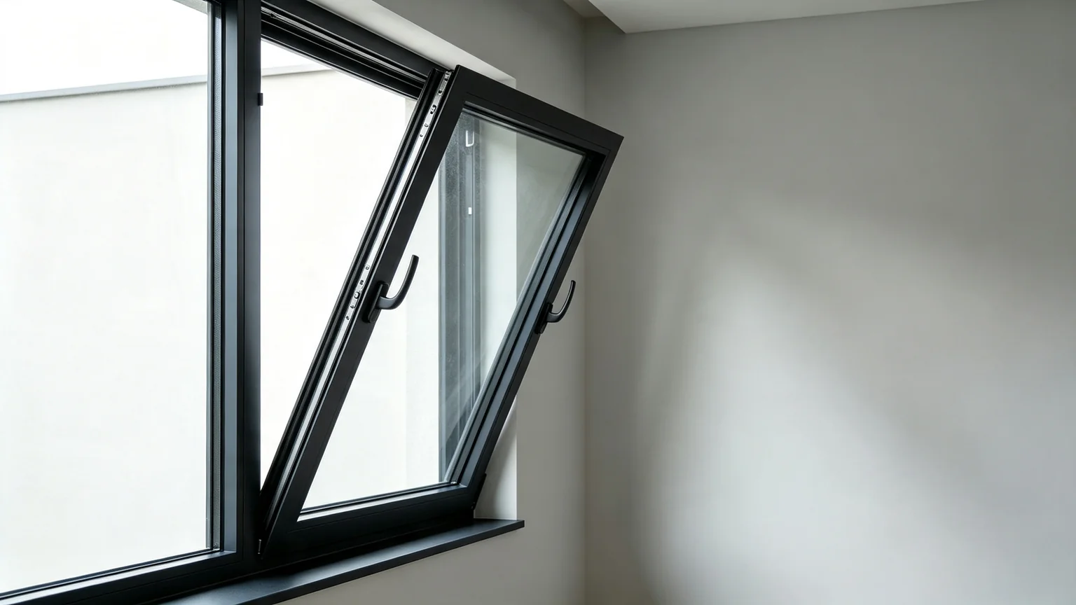 Aluminum awning window outward tilt opening mode, top-hung sash tilted outwards for safe rain-protected ventilation — Starveil Build