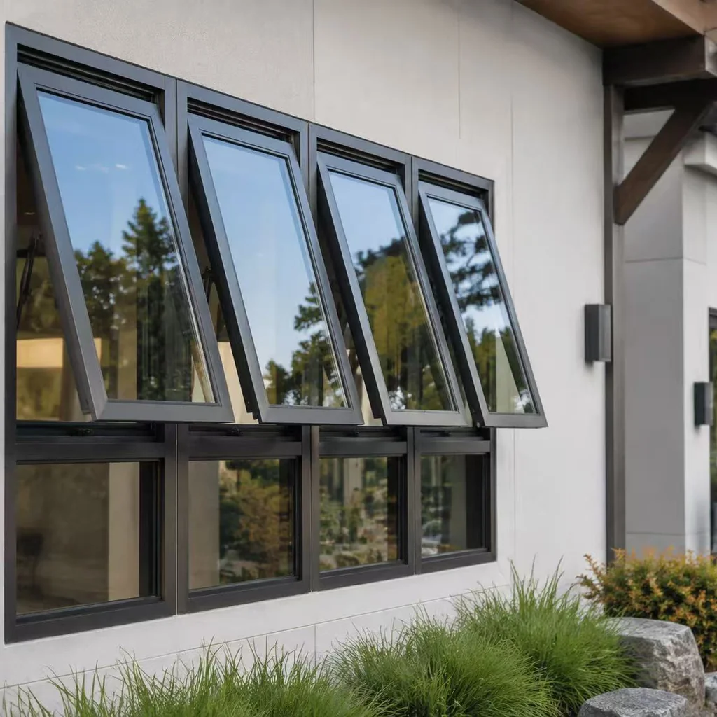 Aluminum awning window top-hinged outward opening on modern residential facade, black thermal break frame with double glazing, rain-safe ventilation design — Starveil Build aluminum windows