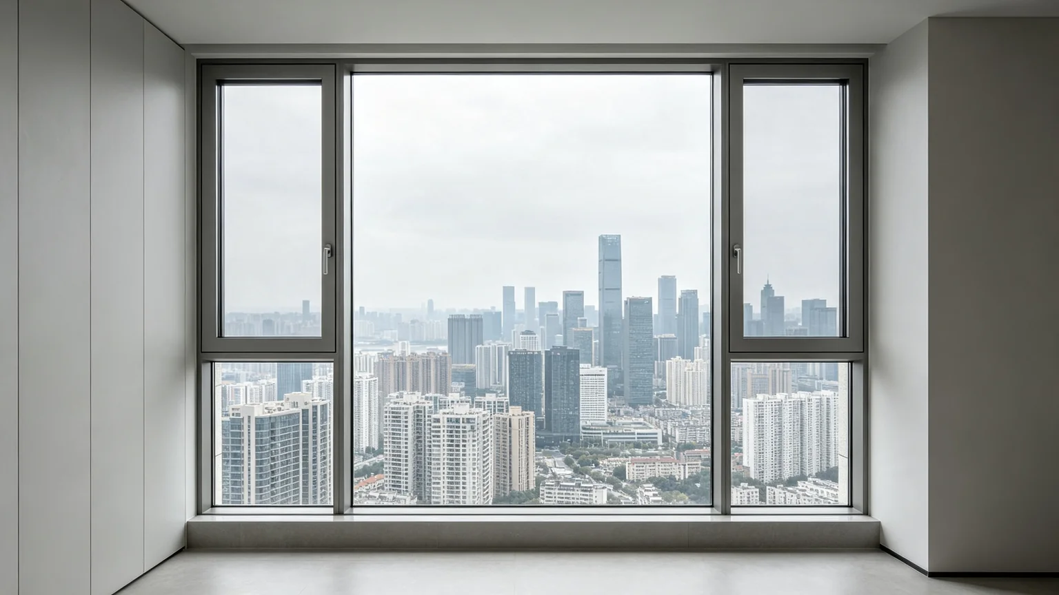 Aluminum casement window city view installation in high-rise apartment — Starveil Build