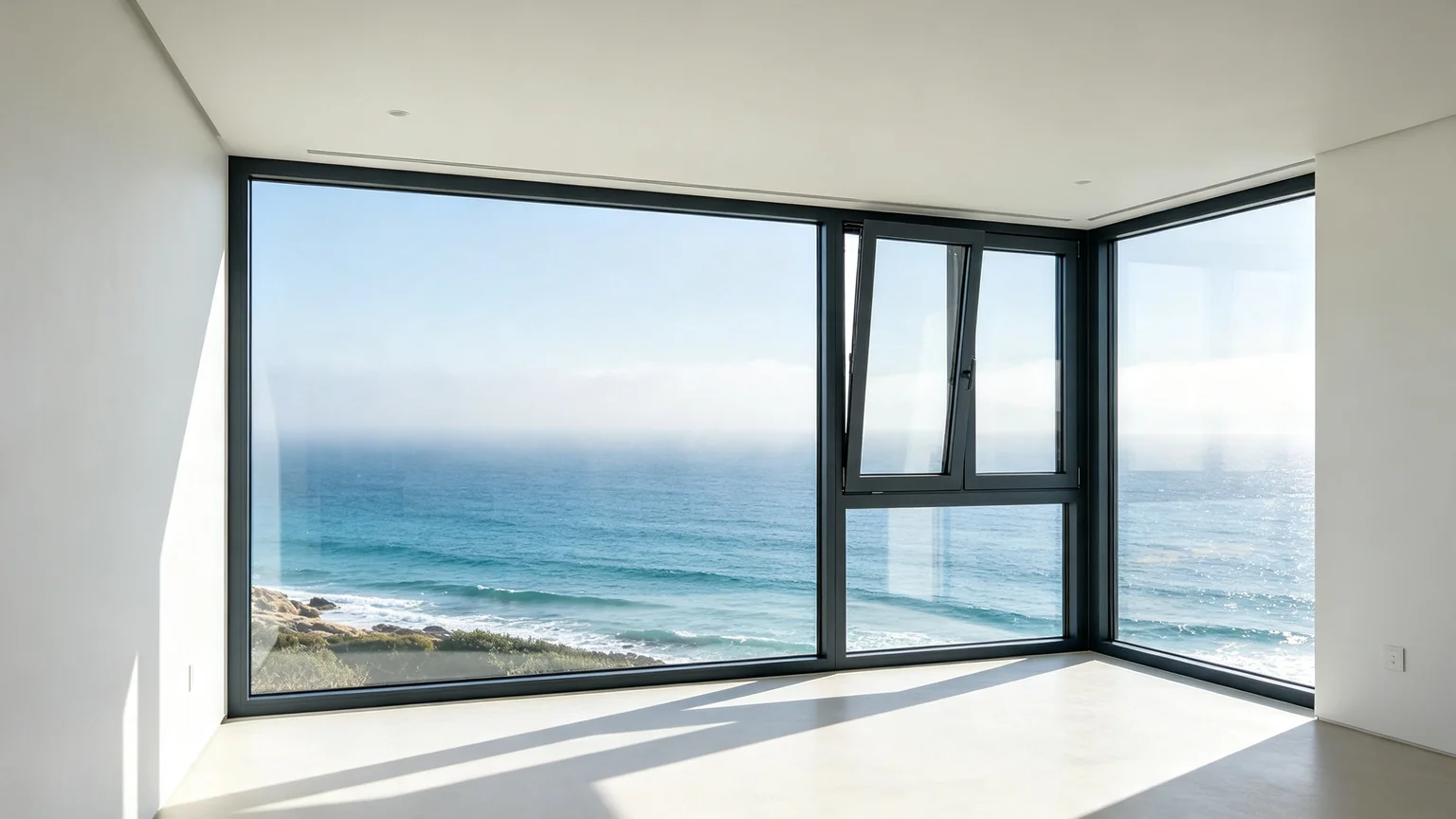 Aluminum casement window coastal application with outward opening and ocean view — Starveil Build