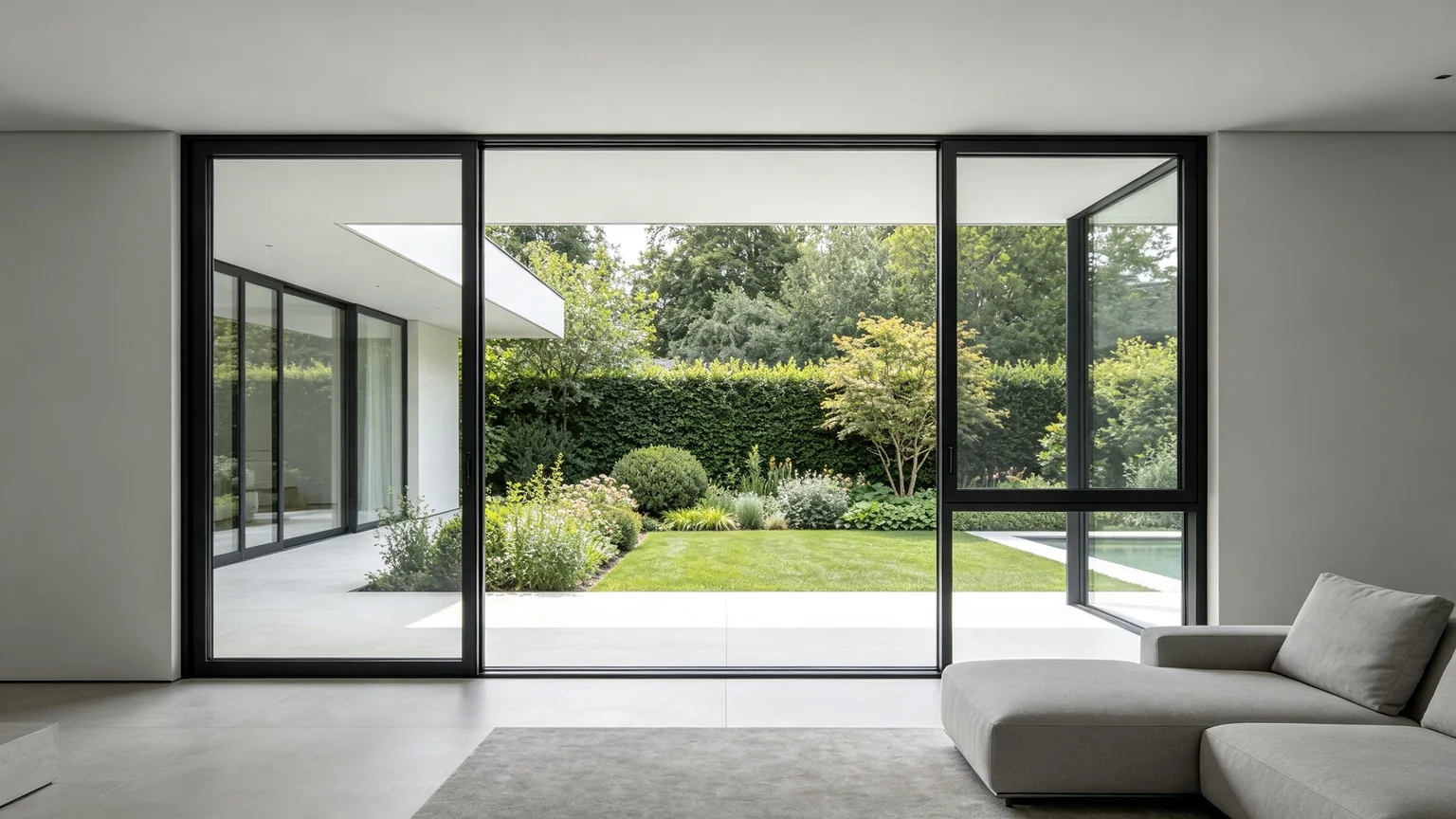 Aluminum casement window living room installation with garden view and thermal break frame — Starveil Build