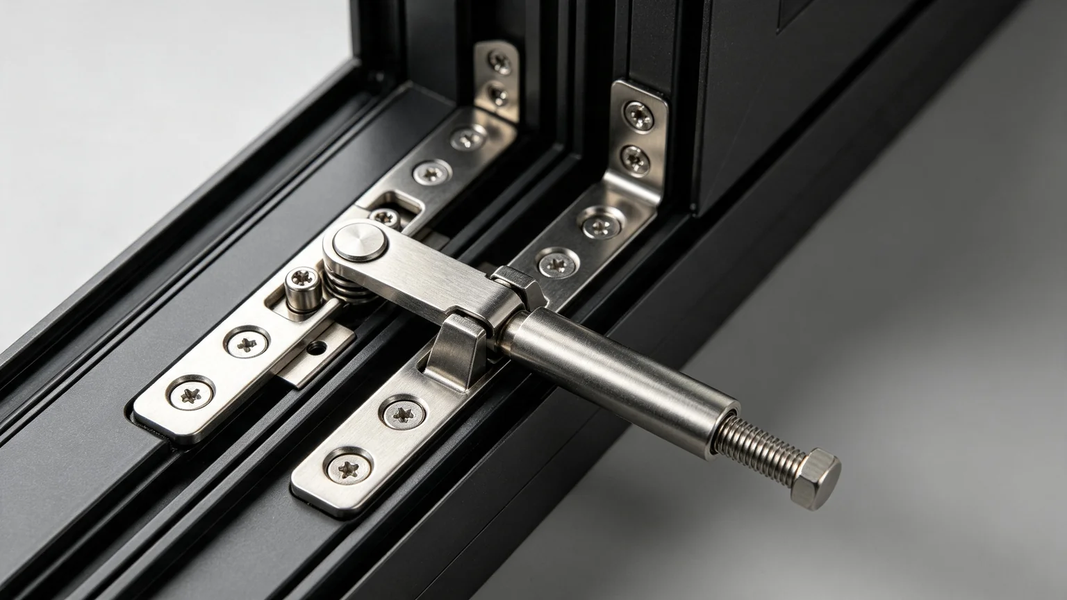 Aluminum casement window hardware detail with multi-point locking system — Starveil Build