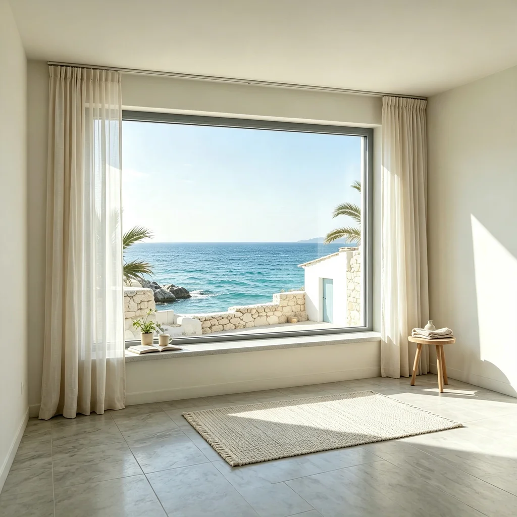 Aluminum fixed window non-opening with Mediterranean coastal sea view, triple glazing with thermal break frame, maximum glass area picture window for unobstructed views — Starveil Build aluminum windows