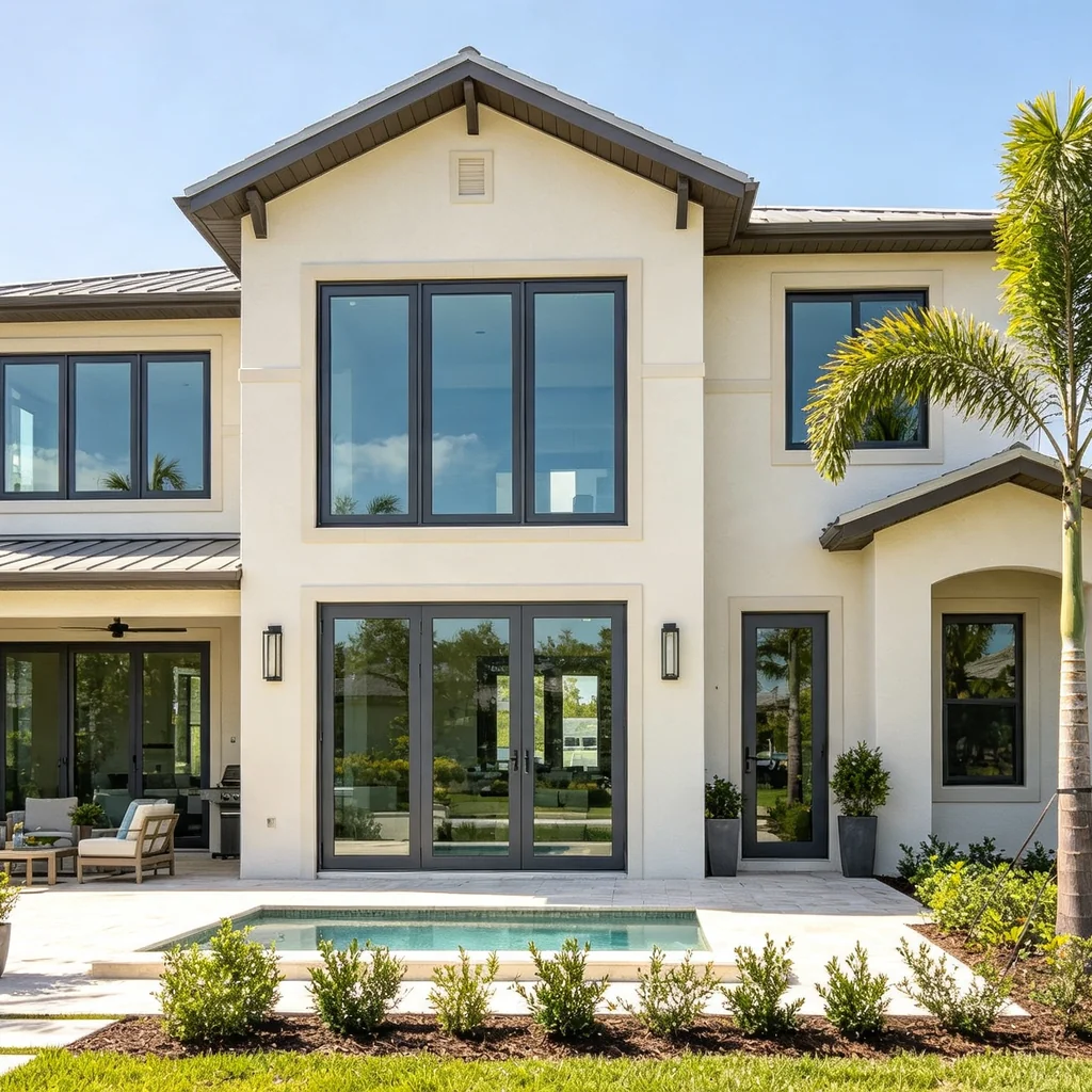 Florida residence with dark aluminum impact windows for hurricane-zone protection, energy saving villa windows