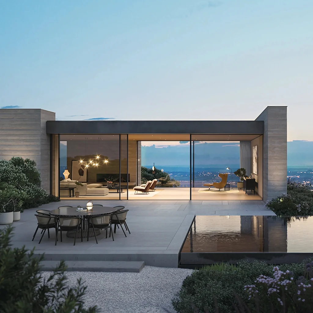 Patio sliding glass door with black aluminum frame connecting dining room to pool view — Starveil Build aluminum sliding door