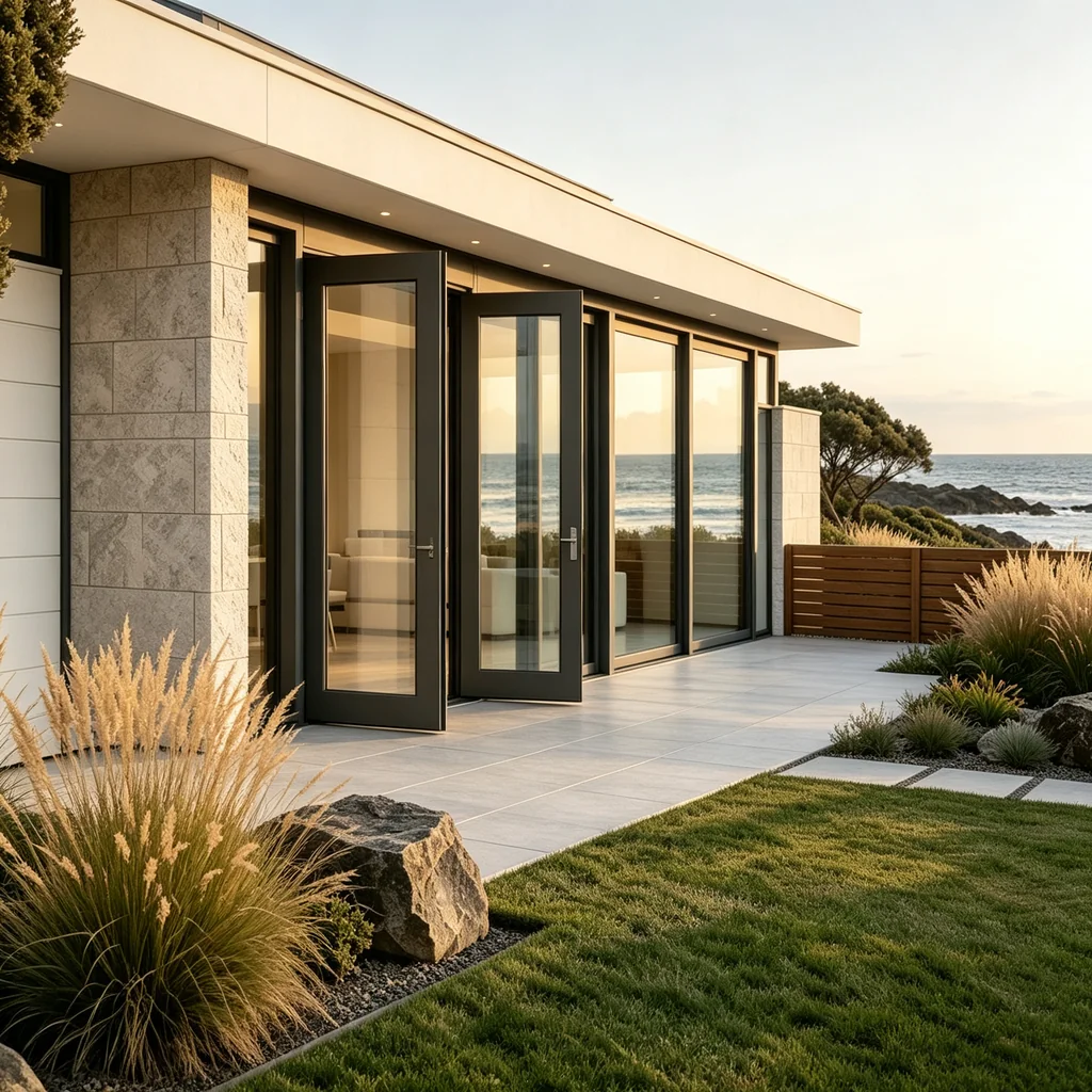 Marine-grade pivot door with 316 stainless steel hardware