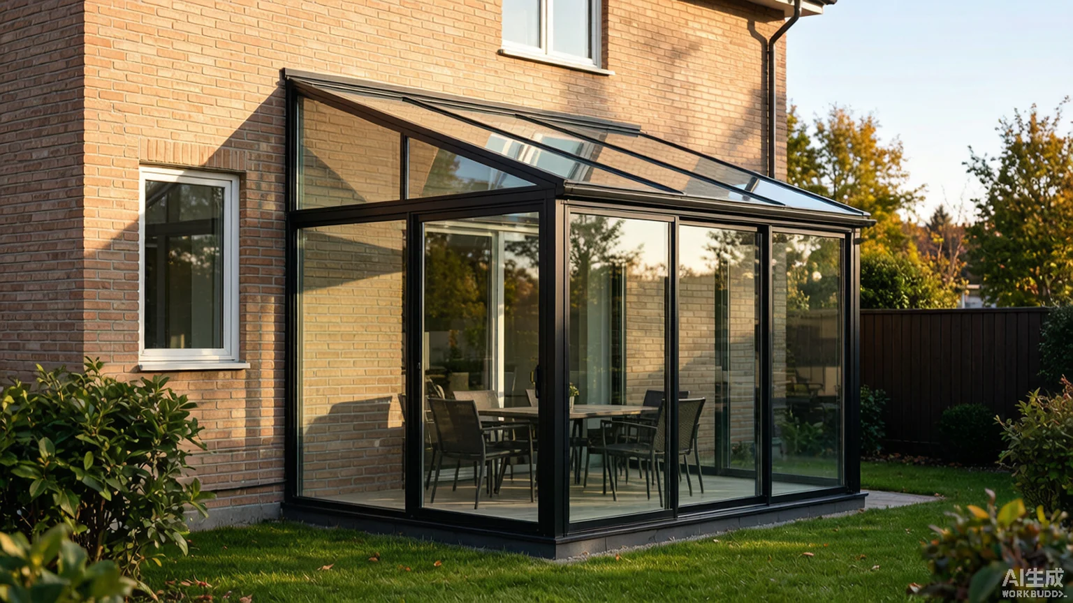 Aluminum sunroom lean-to modern facade with slim frame and full-height glazing — Starveil Build