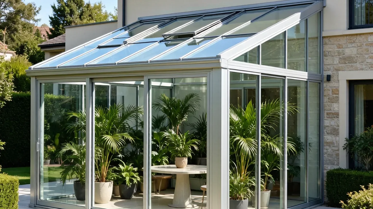 Aluminum sunroom modern conservatory with floor-to-ceiling glass and garden landscape — Starveil Build