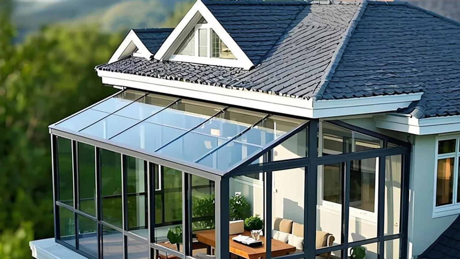 Aluminum sunroom mountain view conservatory installation with panoramic vista — Starveil Build