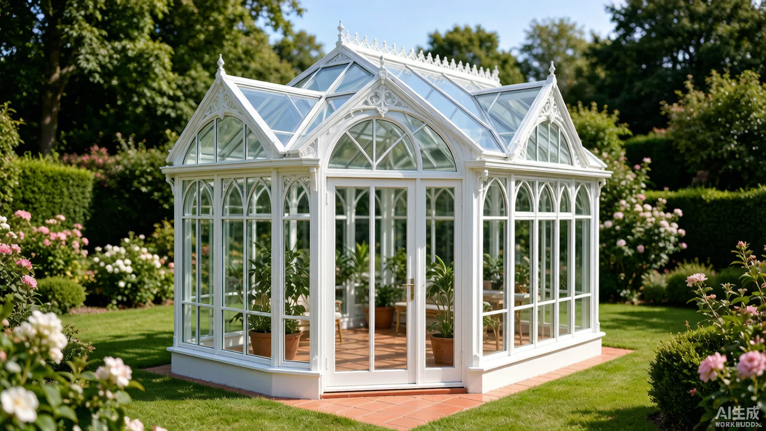 Aluminum sunroom Victorian conservatory garden landscape with decorative ridge and ornate framing — Starveil Build