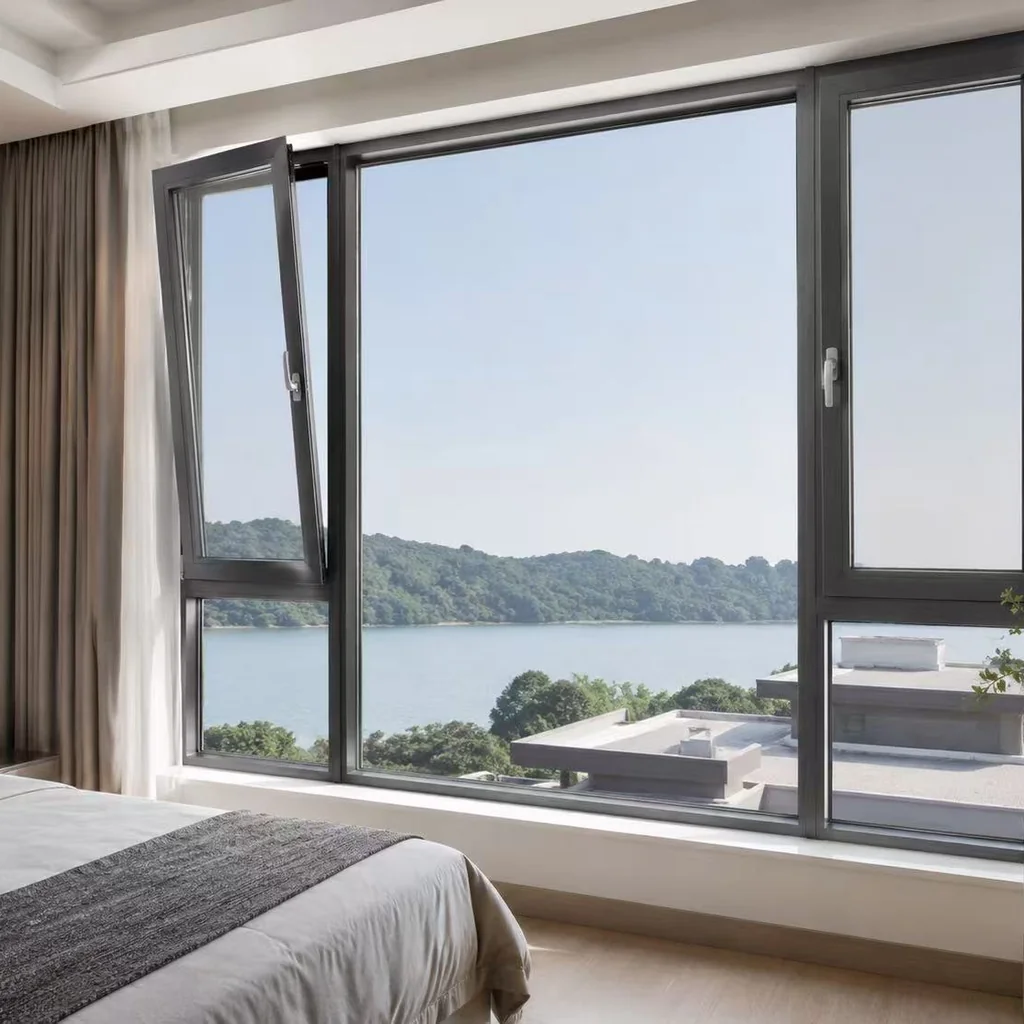 Aluminum tilt and turn window in bedroom lake view with dual-mode operation