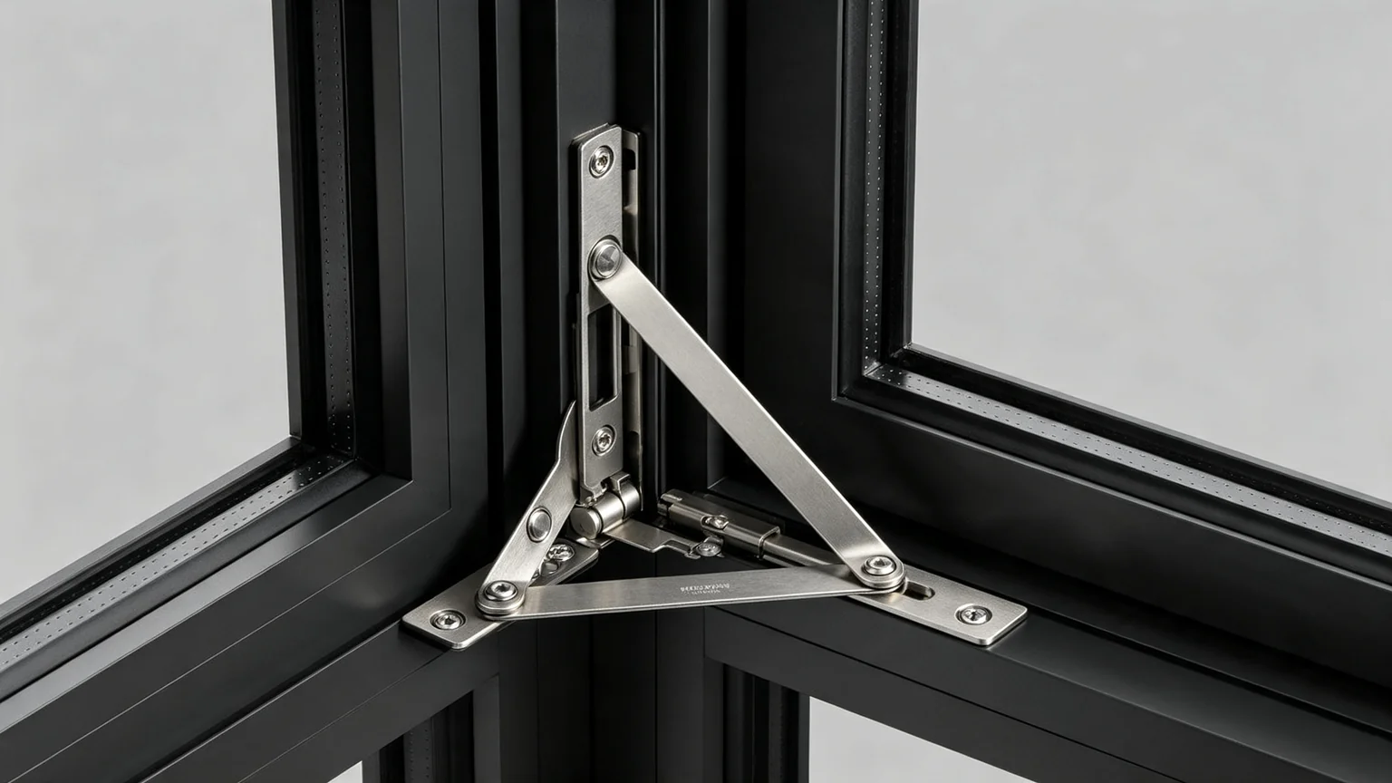 Aluminum tilt and turn window European standard linkage hardware detail, stainless steel multi-point mechanism — Starveil Build