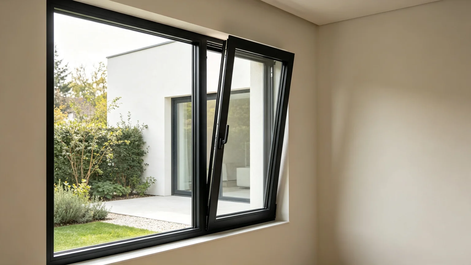 Aluminum tilt and turn window in safe tilt micro-ventilation mode, top tilt allows secure air circulation while locked — Starveil Build