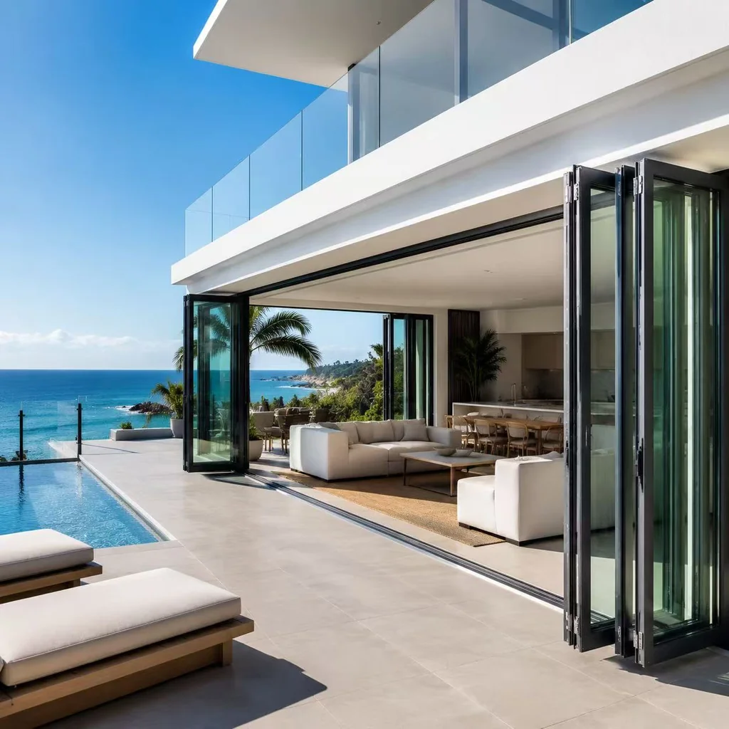 Thermal break aluminum bifold doors open Sydney beachfront villa to ocean view terrace, marine-grade salt-resistant frame — Starveil Build