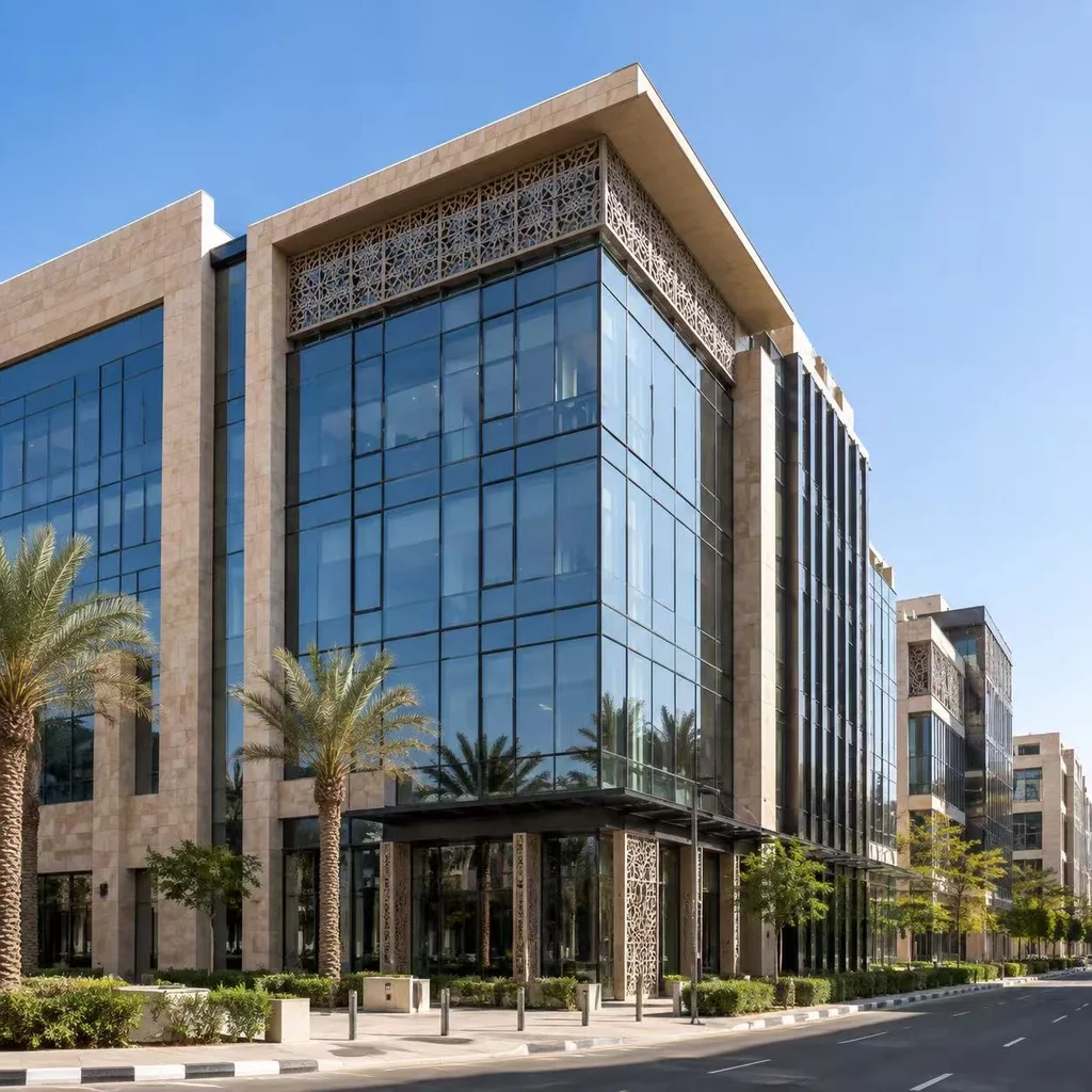 Dubai coastal commercial tower with aluminum curtain wall engineered for 1500 Pa wind load and high-temperature climate