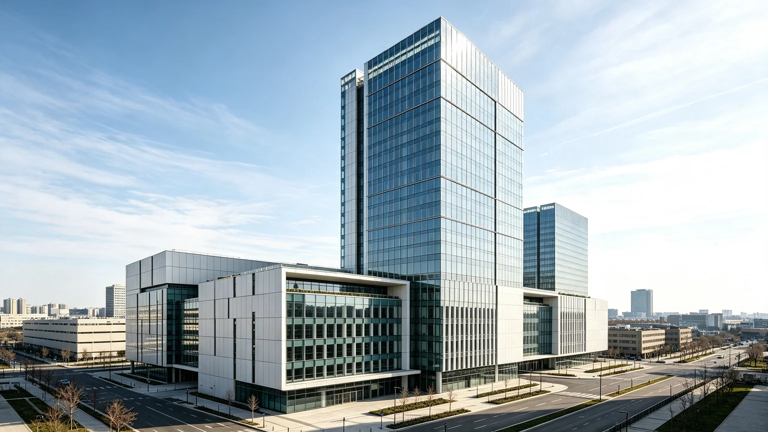 Panoramic view of finished overseas mixed-use commercial complex with full aluminum curtain wall system, mall & office integrated glass facade