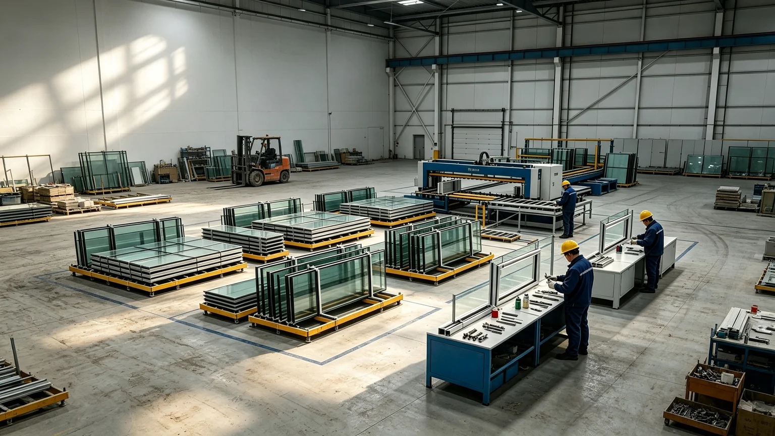 Curtain wall unit prefabrication workshop, workers assemble insulated glass modules with automated aluminum processing production line