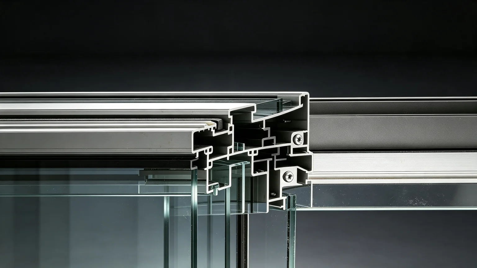 Cross section detail of thermal break aluminum curtain wall profile, multi-layer insulated glass, EPDM sealing strips and waterproof hardware structure