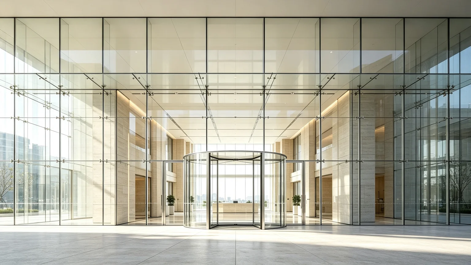 Point-supported structural glass facade with stainless steel spider fittings at a commercial atrium