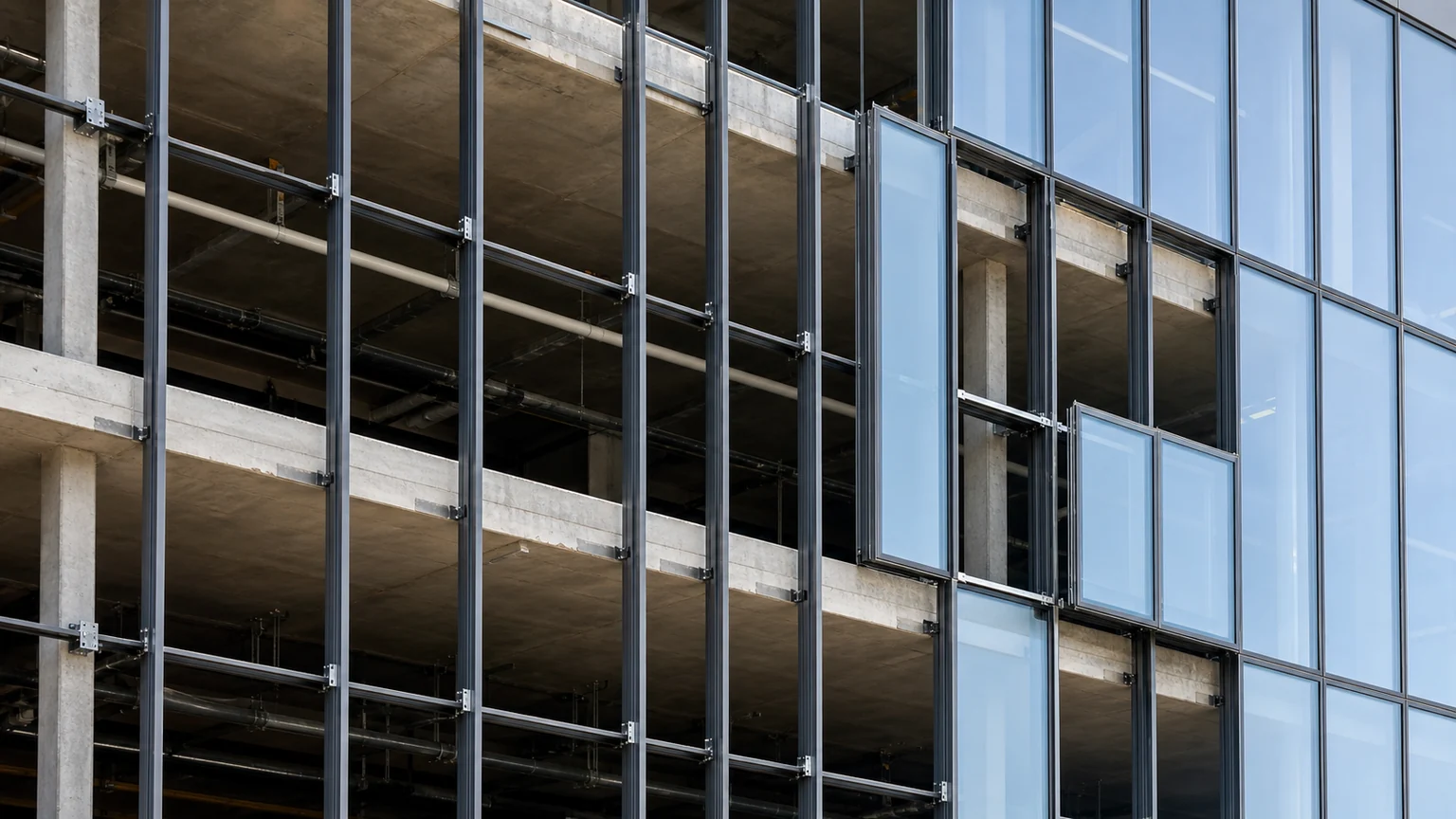 Stick-built aluminum curtain wall showing separate mullions, transoms and individual glazing during site assembly