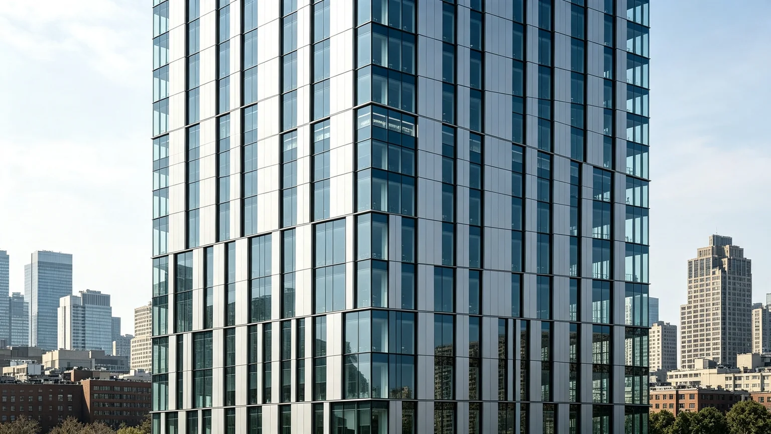 Factory glazed unitized curtain wall modules installed floor by floor on a high-rise tower