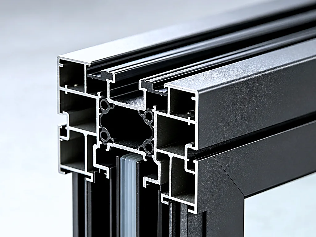 Aluminum Profile Cross Section — Multi-chamber reinforced aluminum extrusion for DP50+ hurricane impact windows, integrated thermal break — Starveil Build