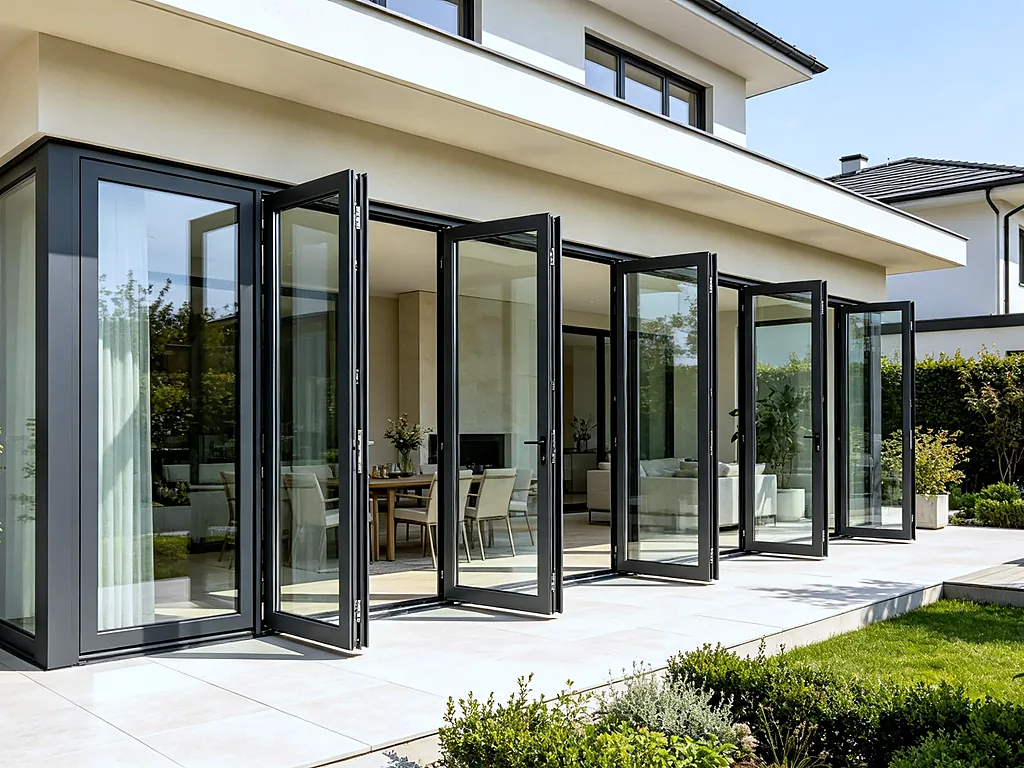 Completed Bifold Door Project — Luxury residential project with full-height aluminum bifold doors, floor-to-ceil...