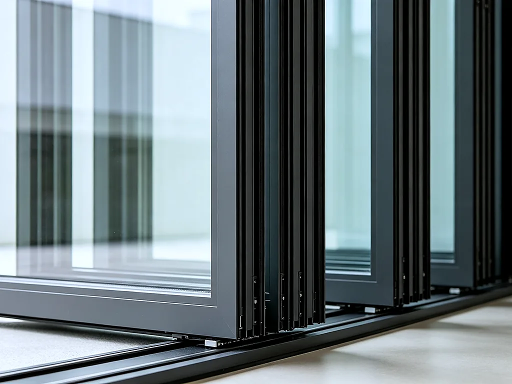 Folded Panel Stack Configuration — Bifold door panels neatly stacked to one side, stainless steel top-hung roller s...
