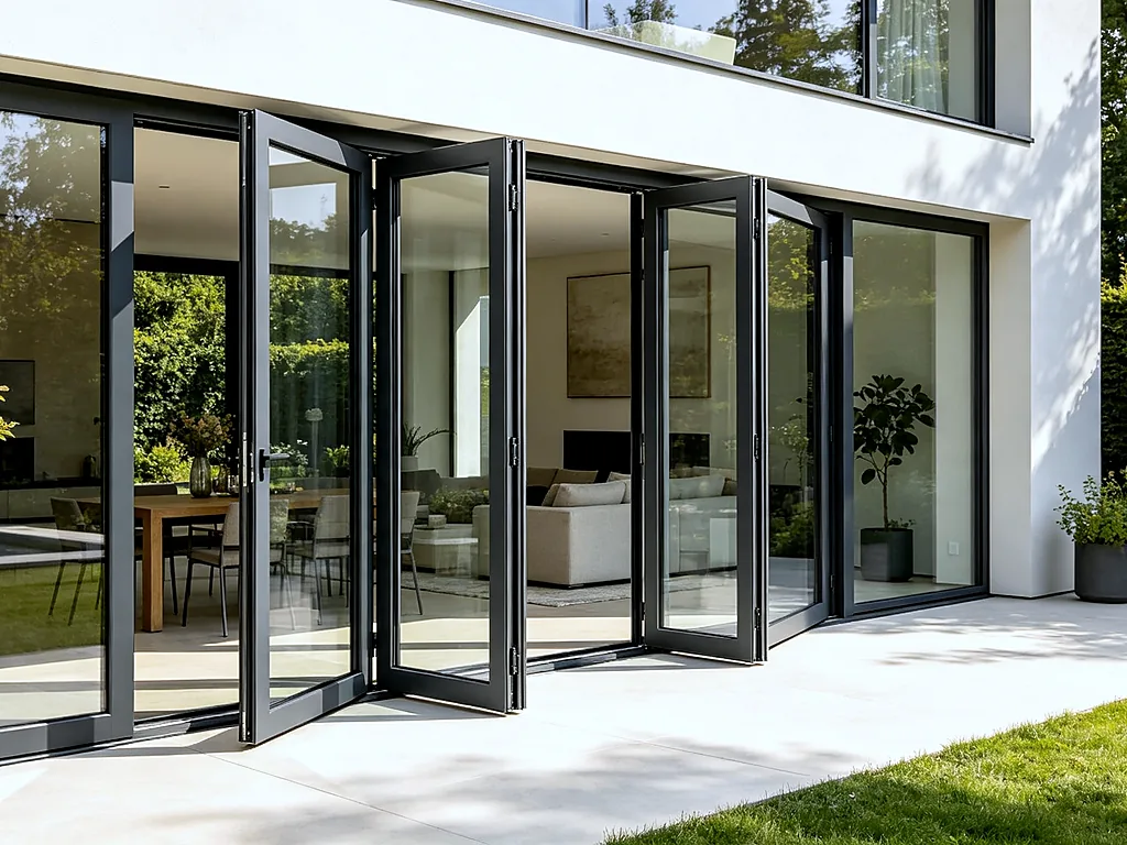 Full Opening Living Scene — Aluminum bifold doors fully folded open for seamless indoor-outdoor living, 6-pa...