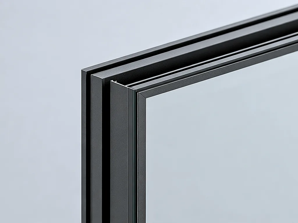 Slim Frame Profile Detail — Ultra-slim 45mm aluminum interlock stile profile, thermal break construction, po...
