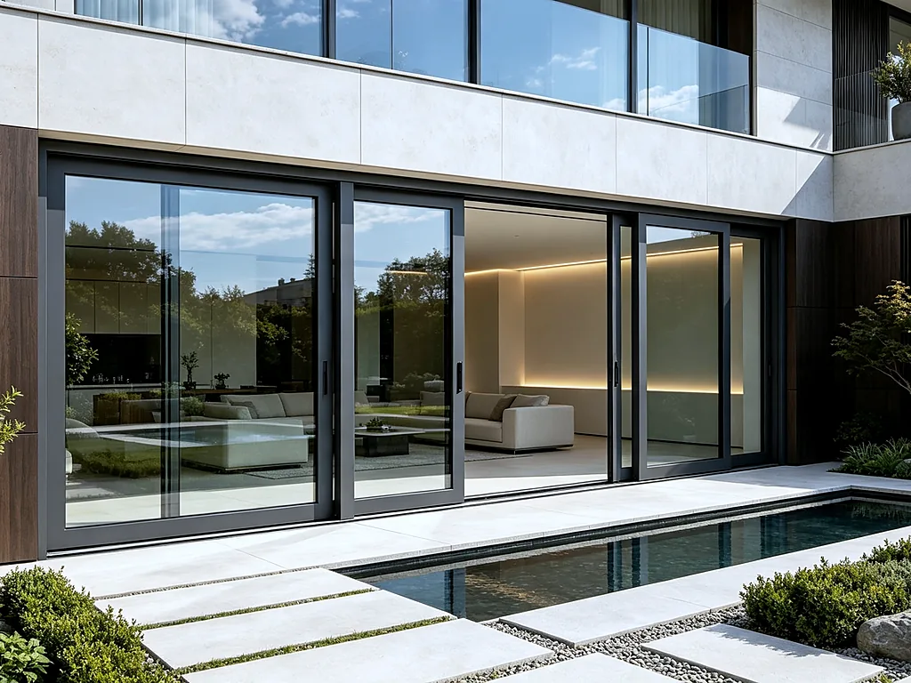 Luxury Villa Installation — Full-height aluminum lift & slide door in modern villa, 3-panel configuration, f...