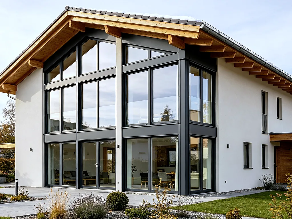 Passive House Villa Installation — Energy-efficient triple-glazed window with thermal break frame, Uw 0.8 passive-house-ready performance