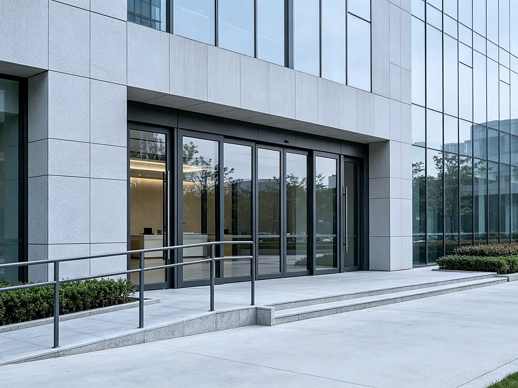 Commercial Sliding Door Project — Aluminum sliding door installation in commercial office building, high-traffic e...