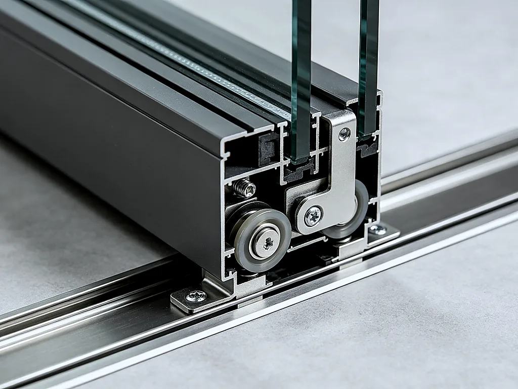 Premium Sliding Door Hardware — Stainless steel roller carriage system, soft-close damper, multi-point lock, erg...