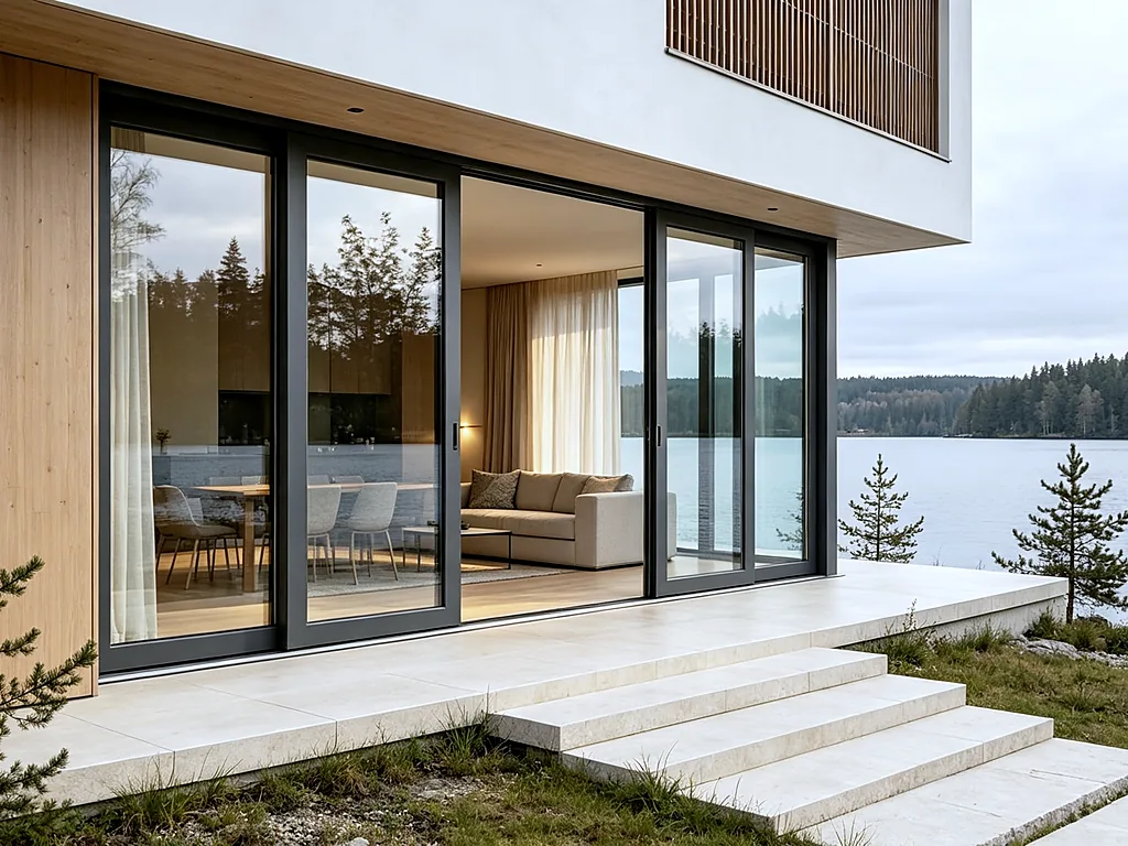 Residential Sliding Door Installation — Aluminum sliding door in modern residential home, 2-panel sliding configuration,...