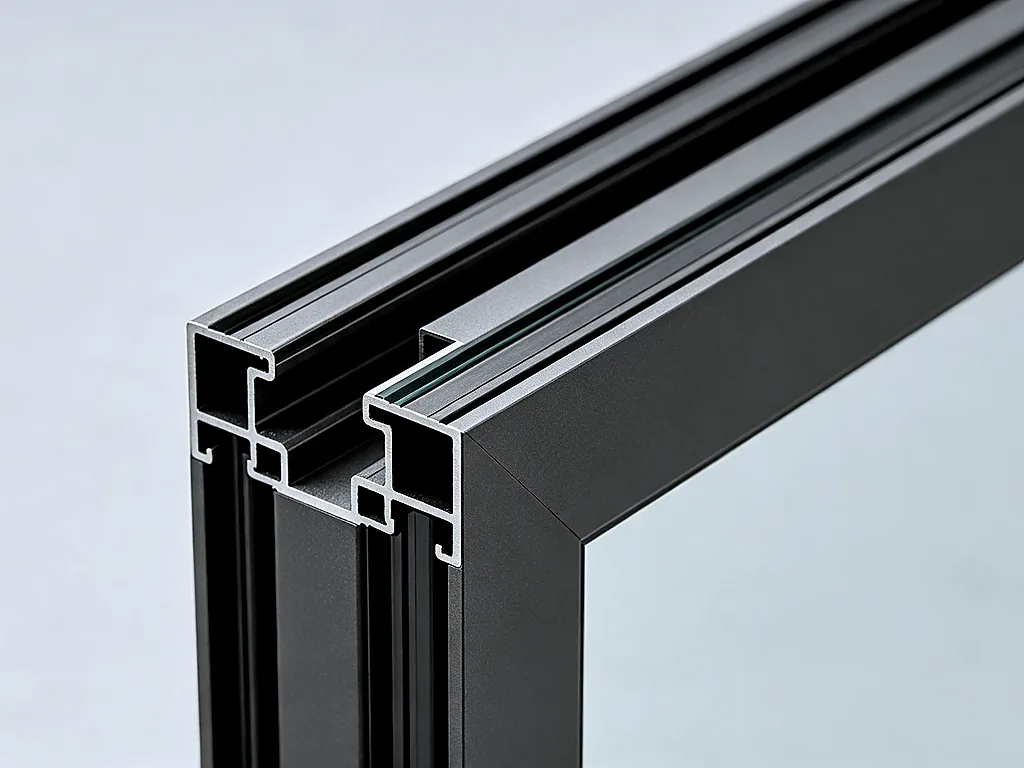 Slim Frame Profile Detail — Ultra-slim aluminum sliding door profile cross-section, thermal break constructi...
