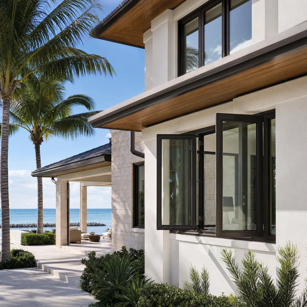 Miami oceanfront villa with dark bronze outward-opening hurricane aluminum casement windows and coastal landscaping