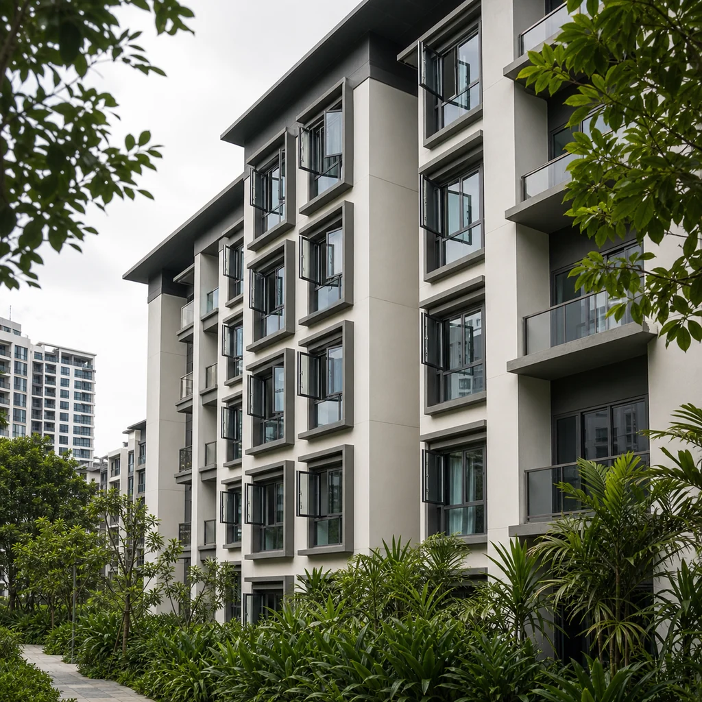 Singapore luxury apartment facade with outward-opening acoustic aluminum casement windows and tropical landscaping