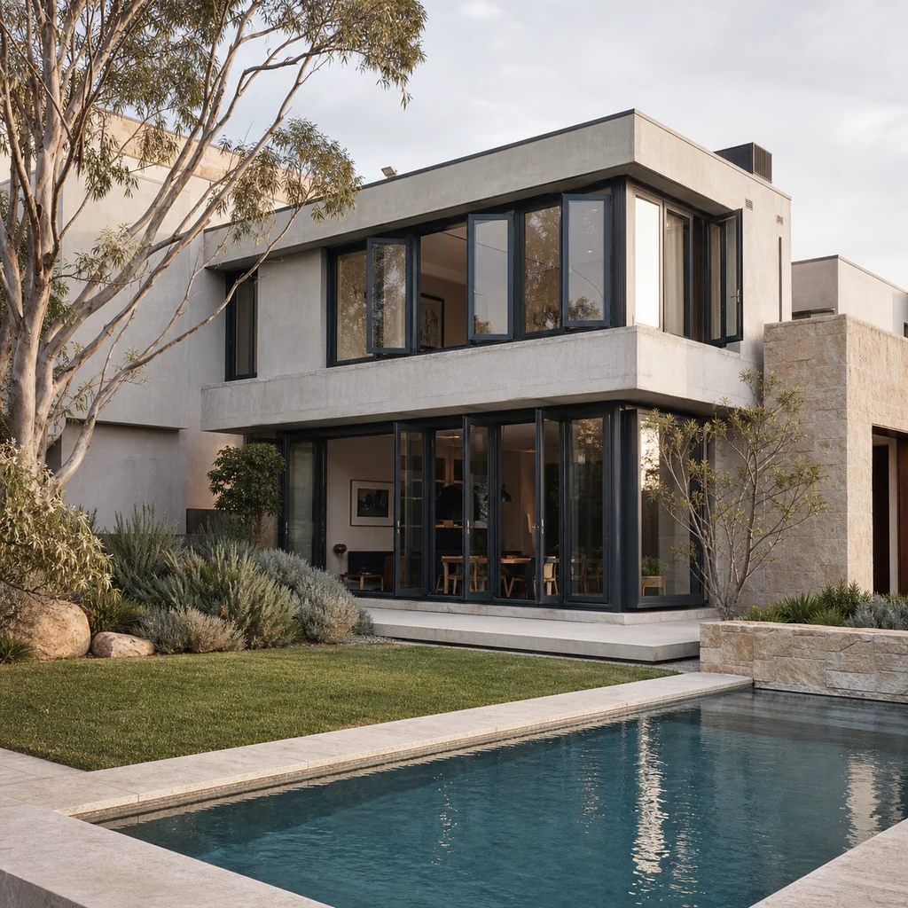 Sydney beachfront residence with marine-grade charcoal aluminum casement windows, landscaped garden and swimming pool