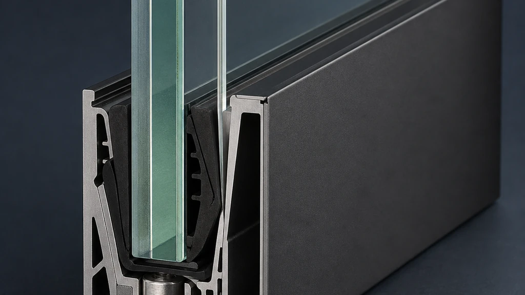 Aluminum U-channel profile cross-section with tempered glass panel mounting detail — frameless railing system