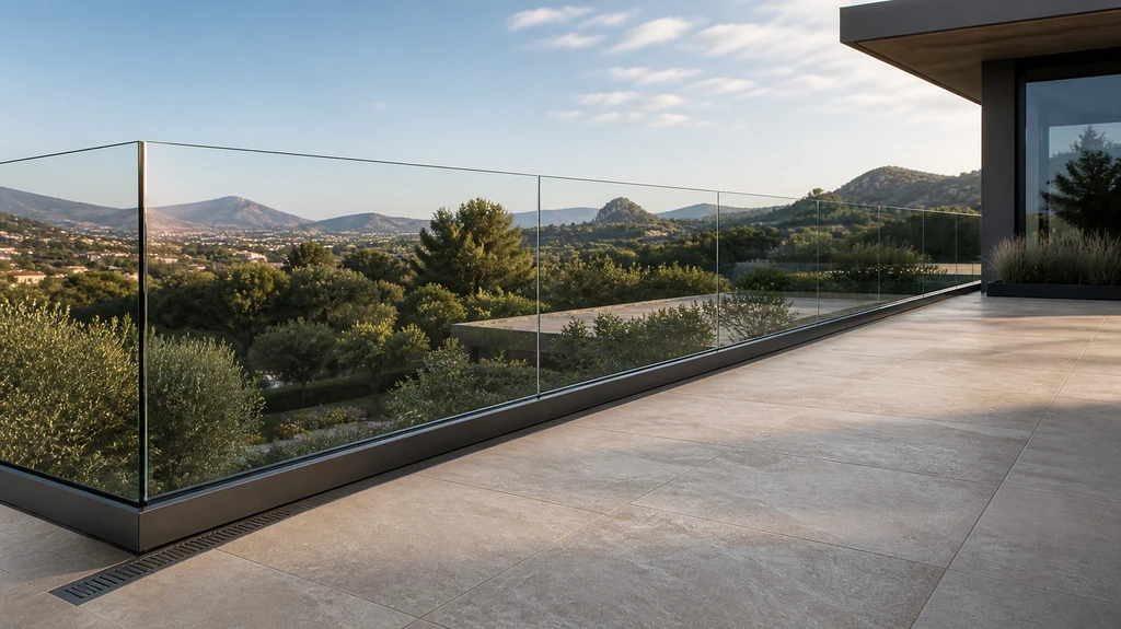 Frameless glass railing modern villa balcony with mountain landscape view — aluminum U-channel glass railing system