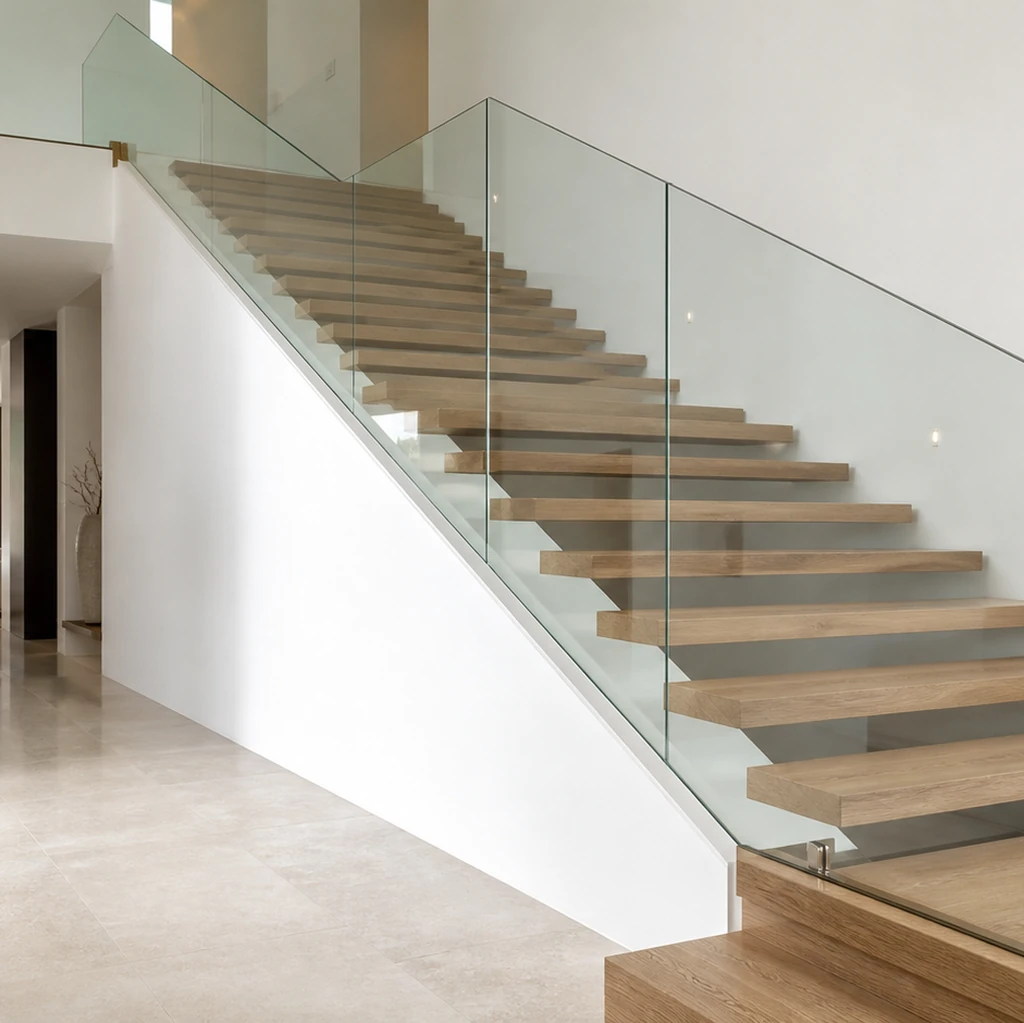 Frameless glass railing for villa stairs in a modern residence — StarveilBuild staircase balustrade project