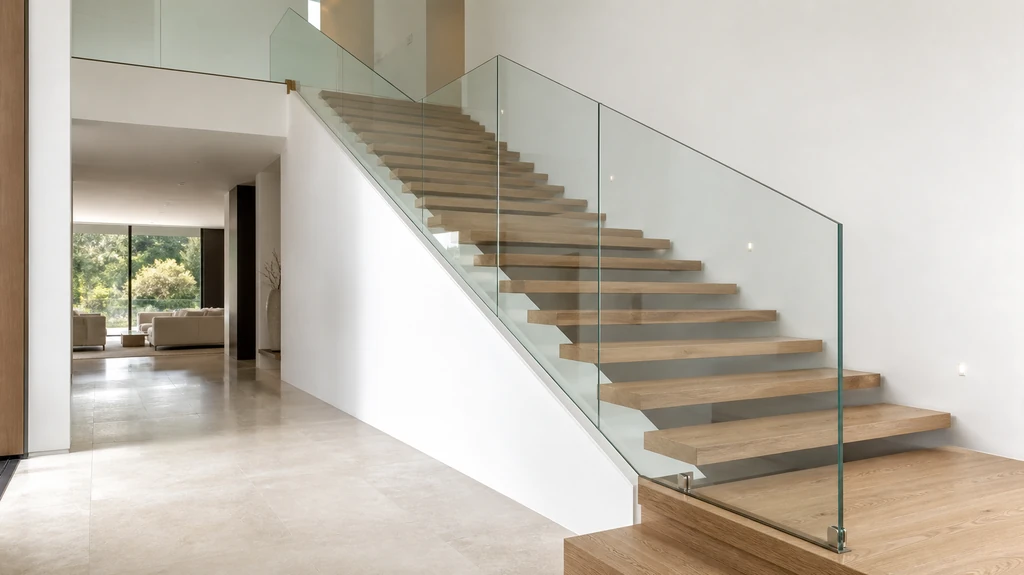 Frameless glass railing for villa stairs — interior floating staircase with tempered glass panels and wooden steps