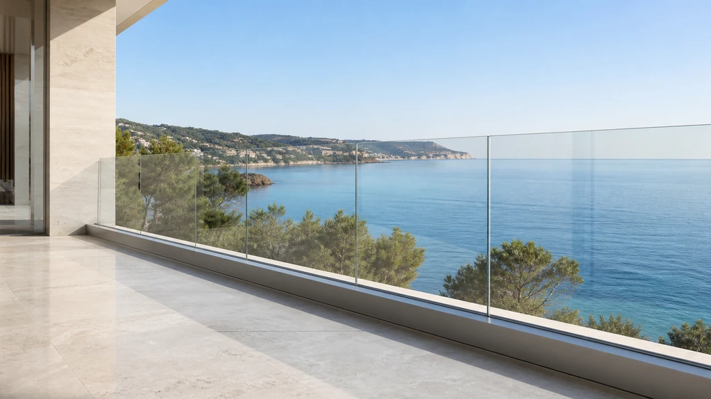 Coastal anti-salt glass balustrade on a seaside terrace with blue ocean view — marine grade frameless glass railing