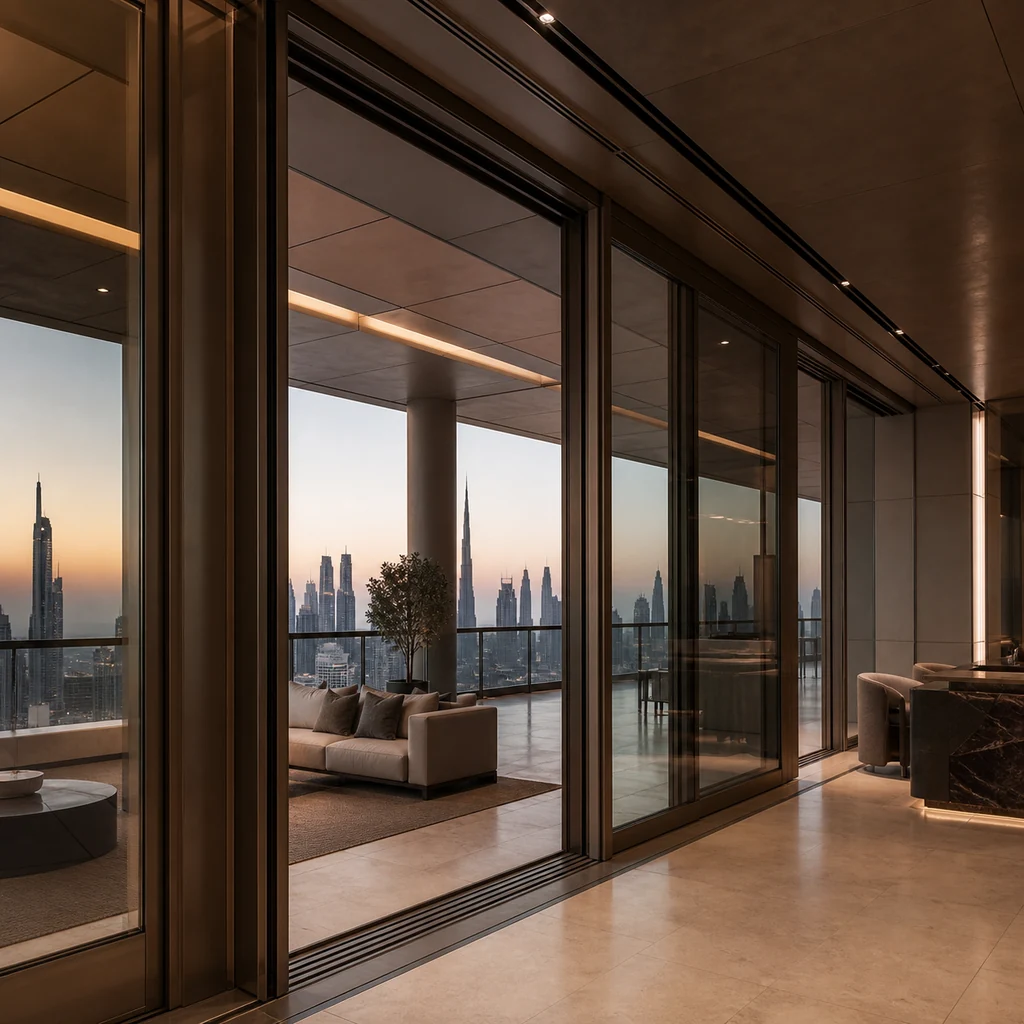 Dubai commercial tower sky lounge with extra-tall bronze PVDF heavy-duty lift-and-slide doors opening to a skyline terrace