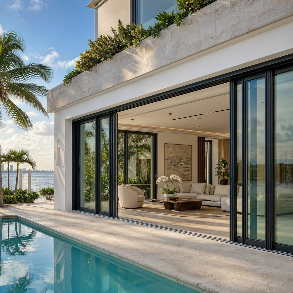 Miami waterfront villa with oversized charcoal aluminum lift-and-slide doors opening the living room to a tropical pool terrace